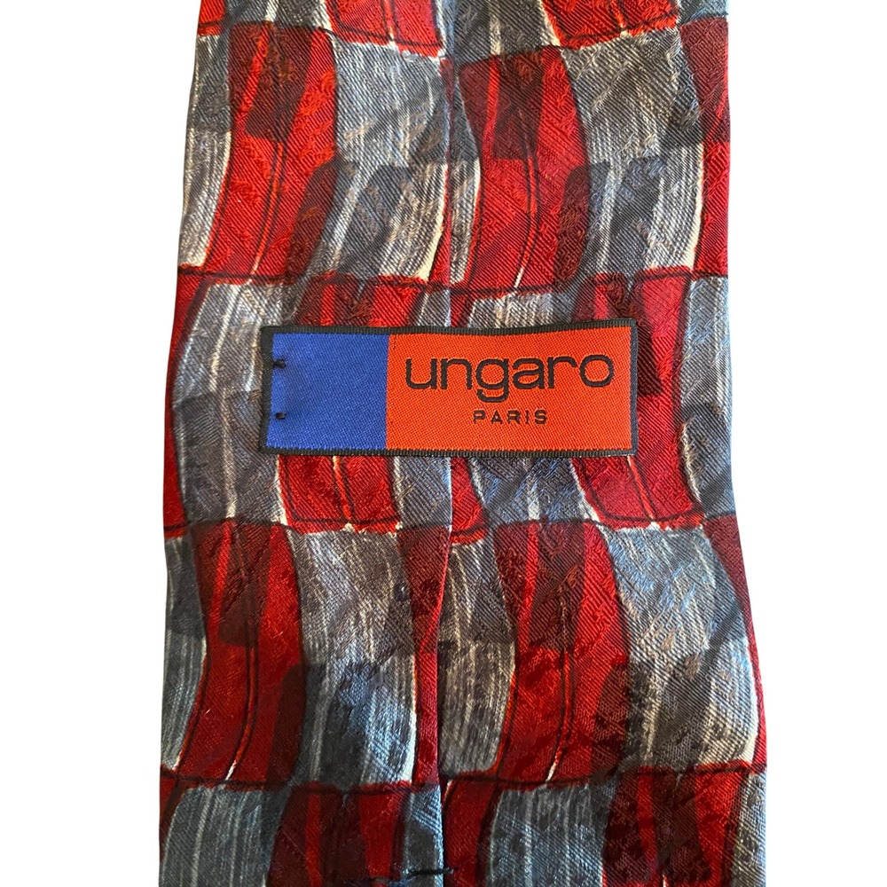 Ungaro‎ Paris Mens Silk Necktie Red Grey Geometric Checkerboard Made in Italy
